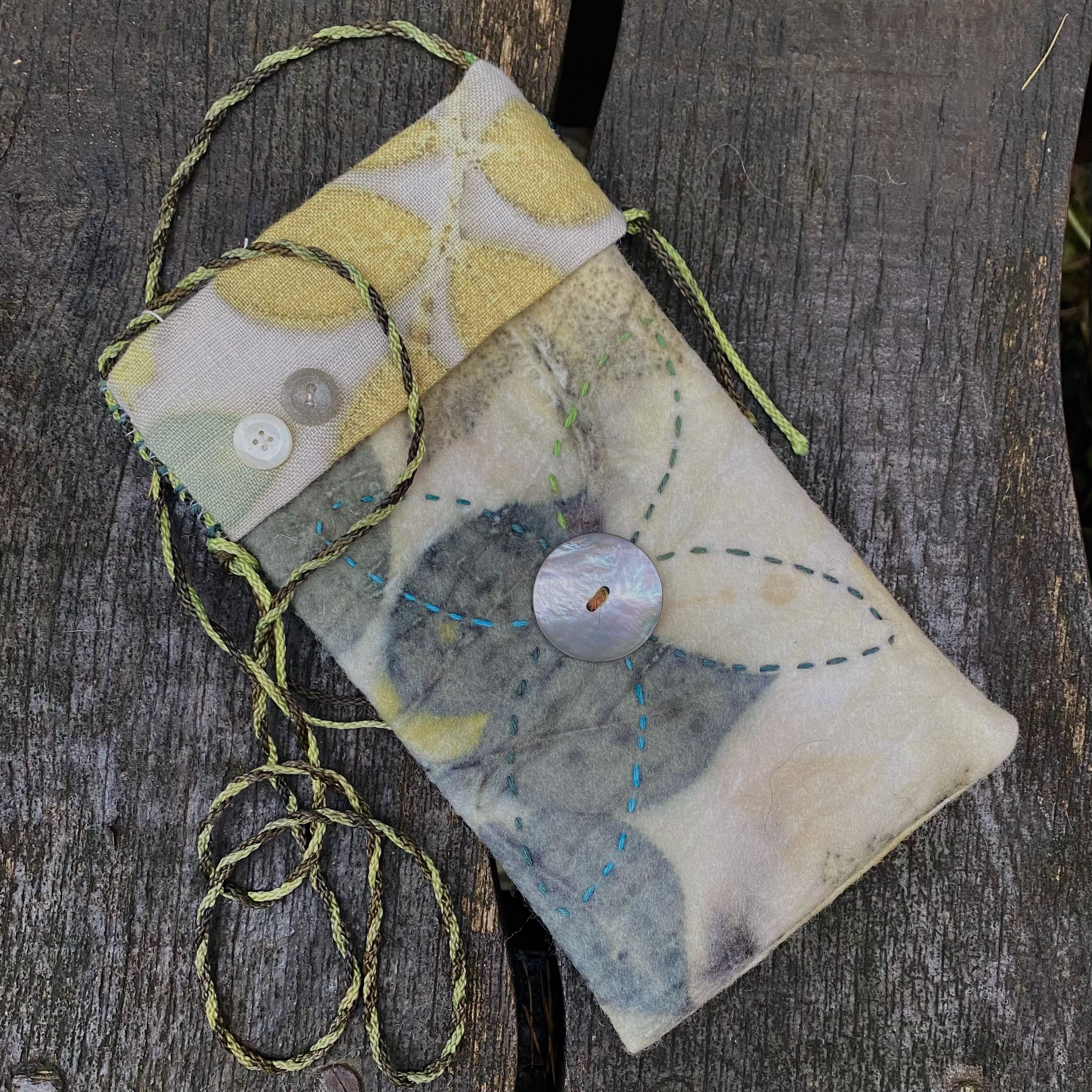 Eco Printed Felt Pouch, Lined With Eco Printed Linen