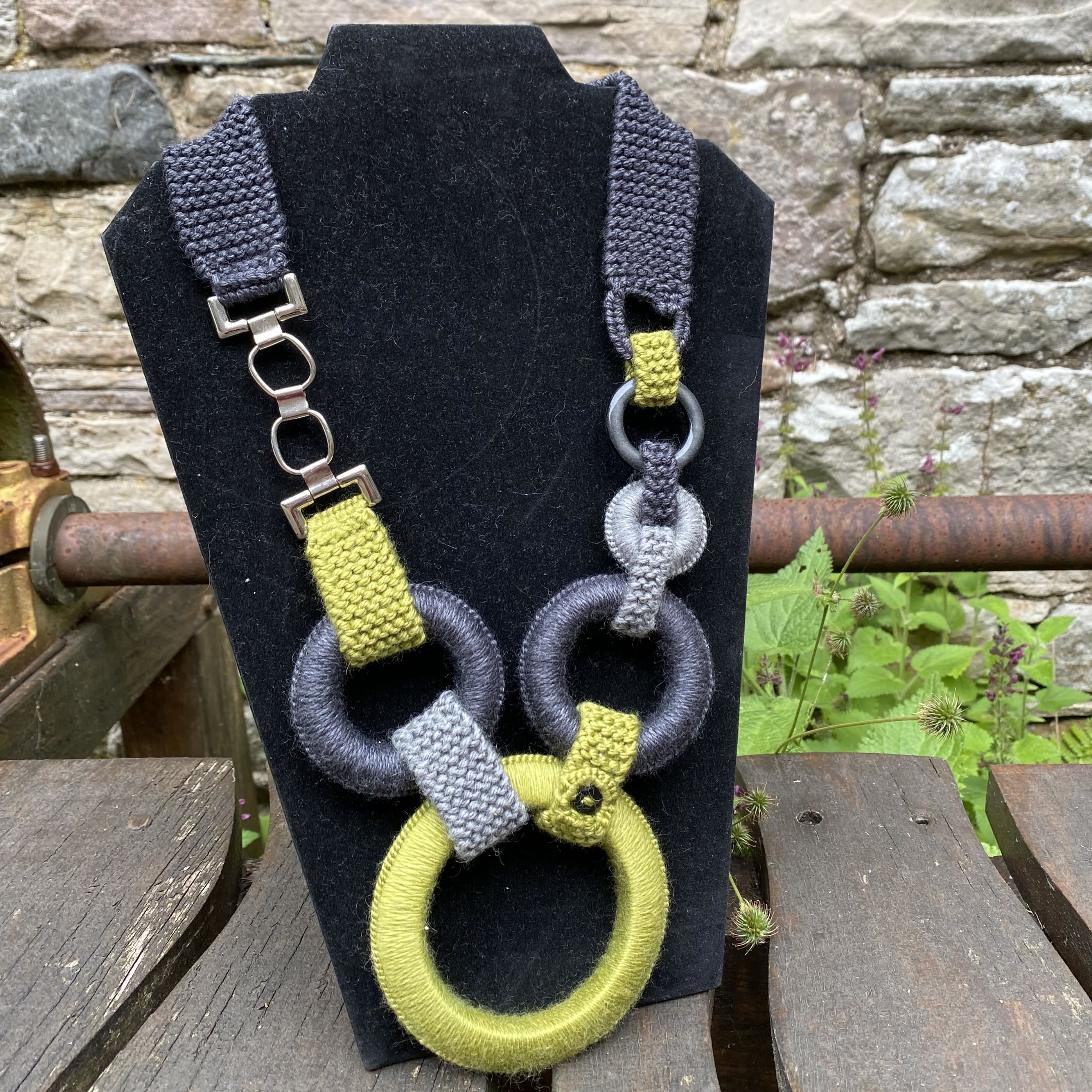 Handknitted necklace - Green and Charcoal