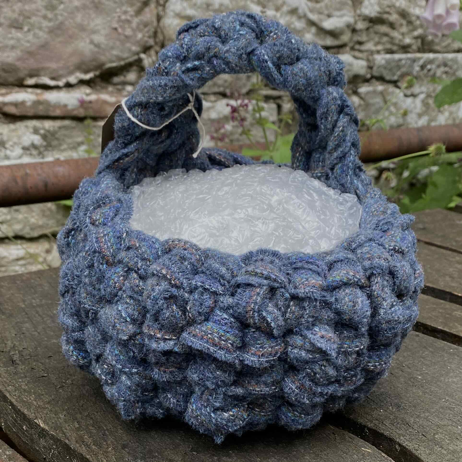 Hand Crocheted Hanging Basket, in Blue